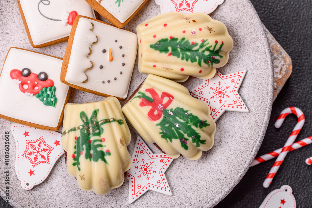 Sweet Madeleines desserts covered with chocolate in Christmas colors Sweet Madeleines desserts covered with chocolate in Christmas colors