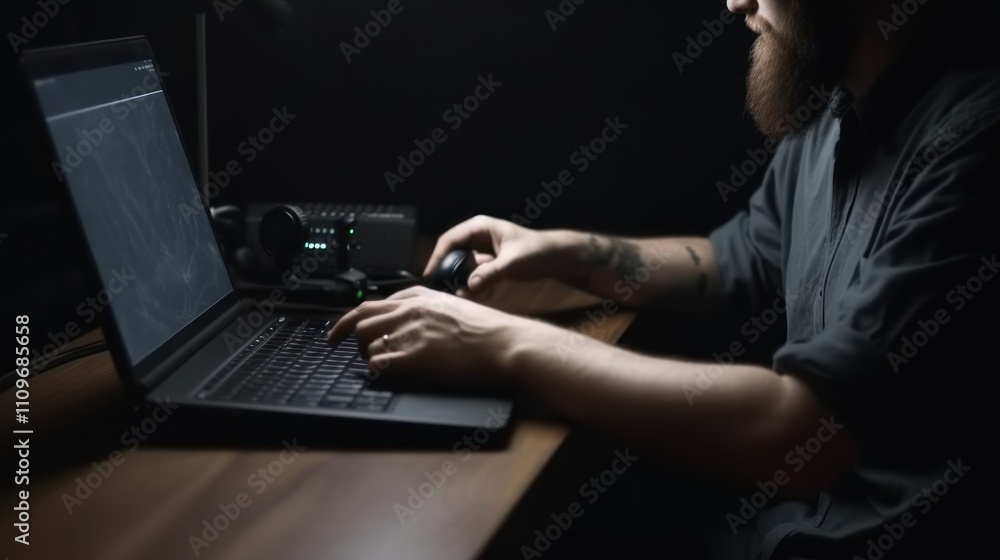 Night Coder: A Focused Programmer Working Late on his Laptop Night Coder: A Focused Programmer Working Late on his Laptop