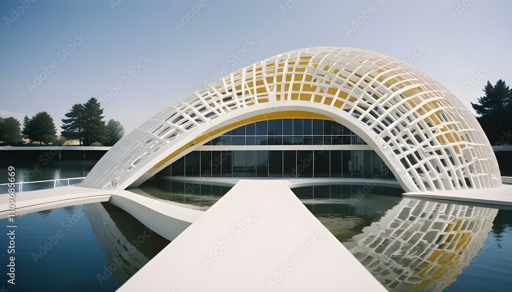 Estructura arquitectónica blanca curvada con patrones y líneas repetitivos, que crean una sensación de profundidad y movimiento Estructura arquitectónica blanca curvada con patrones y líneas repetitivos, que crean una sensación de profundidad y movimiento