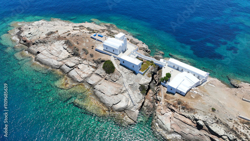 Aerial drone photo of famous landmark church of Chrysopigi built in a small peninsula, Sifnos island, Cyclades, Greece photo