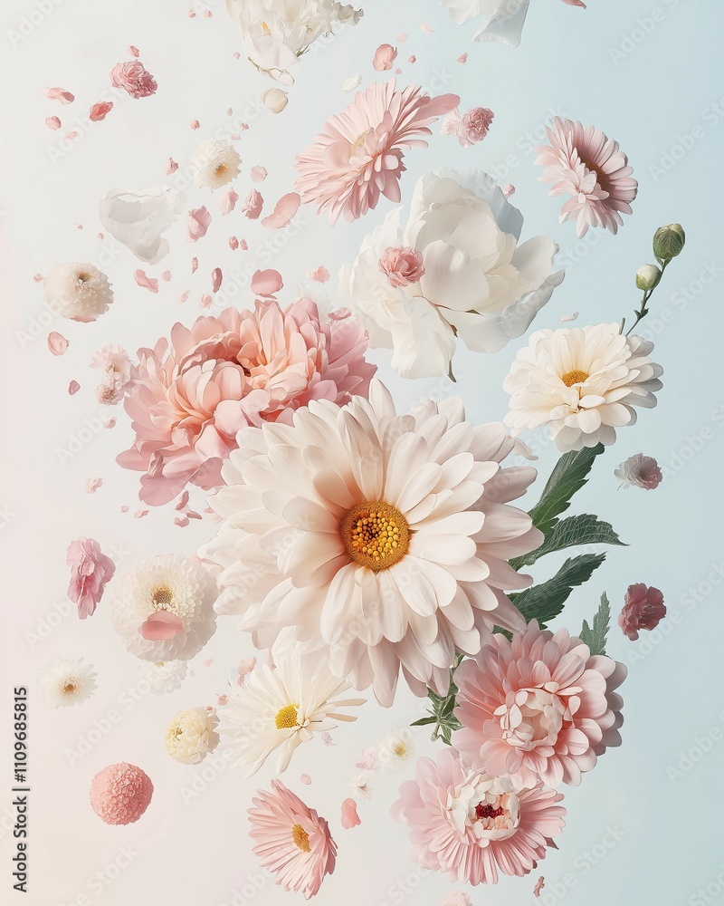 A captivating blend of soft pastel flowers and abstract forms seemingly floating in harmony, creating a dreamlike scene that evokes a sense of tranquility and wonder. A captivating blend of soft pastel flowers and abstract forms seemingly floating in harmony, creating a dreamlike scene that evokes a sense of tranquility and wonder.
