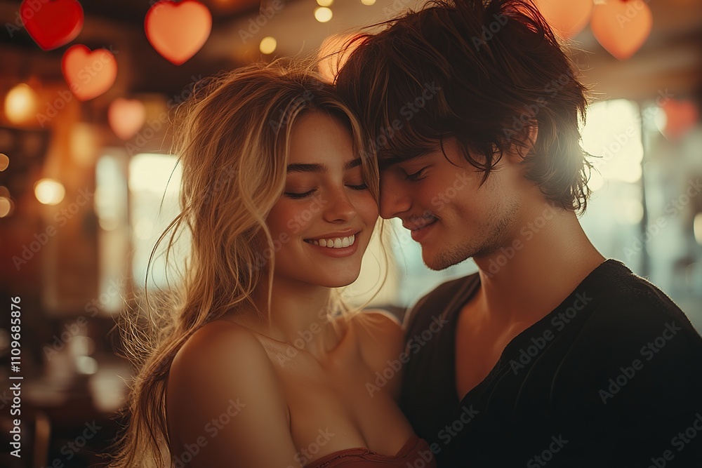 Young couple in love tenderly hugging in romantic evening on Valentine's Day Young couple in love tenderly hugging in romantic evening on Valentine's Day