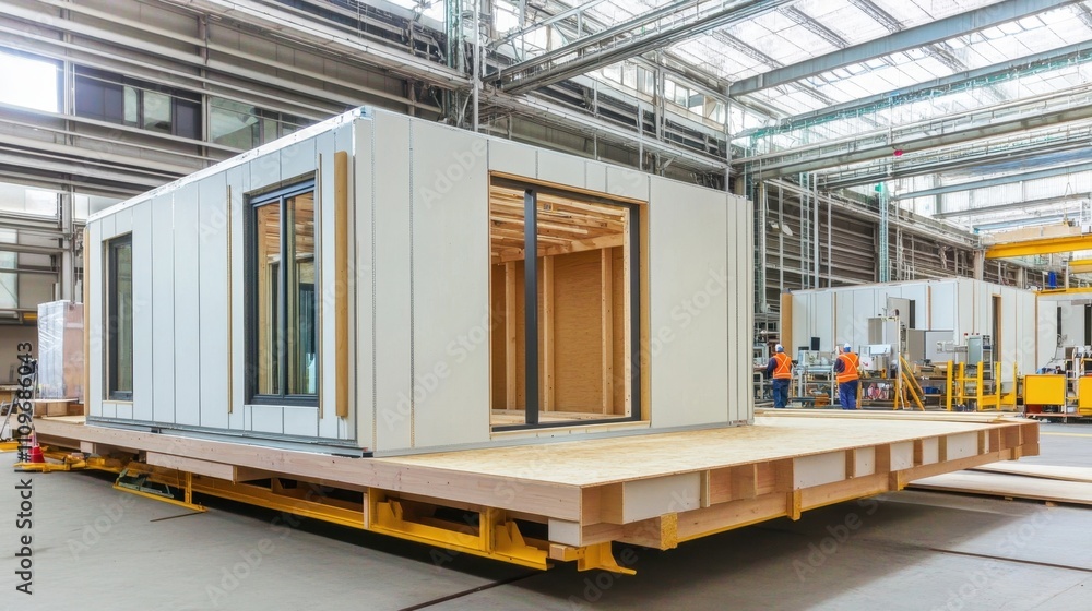 Assembly of modules in a prefabricated house factory, production of structural elements ready for transport to the construction site