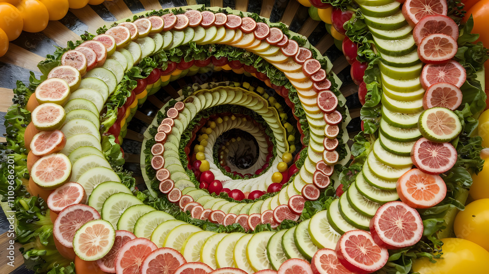A spiral staircase of stacked fruit and vegetable slices. A spiral staircase of stacked fruit and vegetable slices.