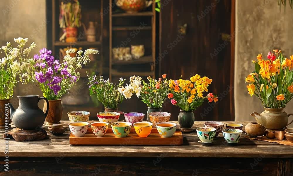 Colorful Tea Set with Fresh Flowers on Rustic Wooden Table Colorful Tea Set with Fresh Flowers on Rustic Wooden Table