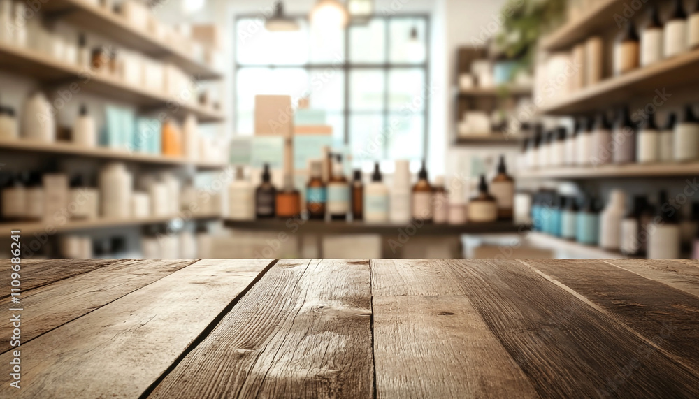 Fototapeta premium Rustic Wooden Tabletop in Blurred Beauty Shop Background