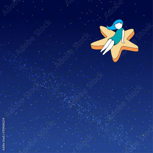 floting lonesome woman sit on star, space milky way background 