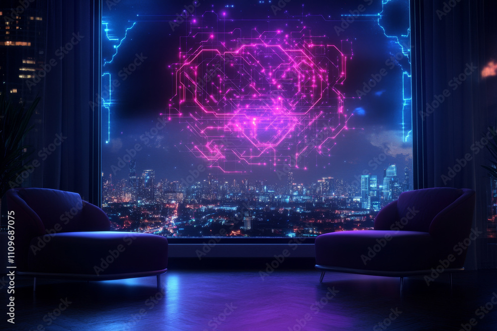 Glowing smart grid interface over cityscape at night. Glowing smart grid interface over cityscape at night.