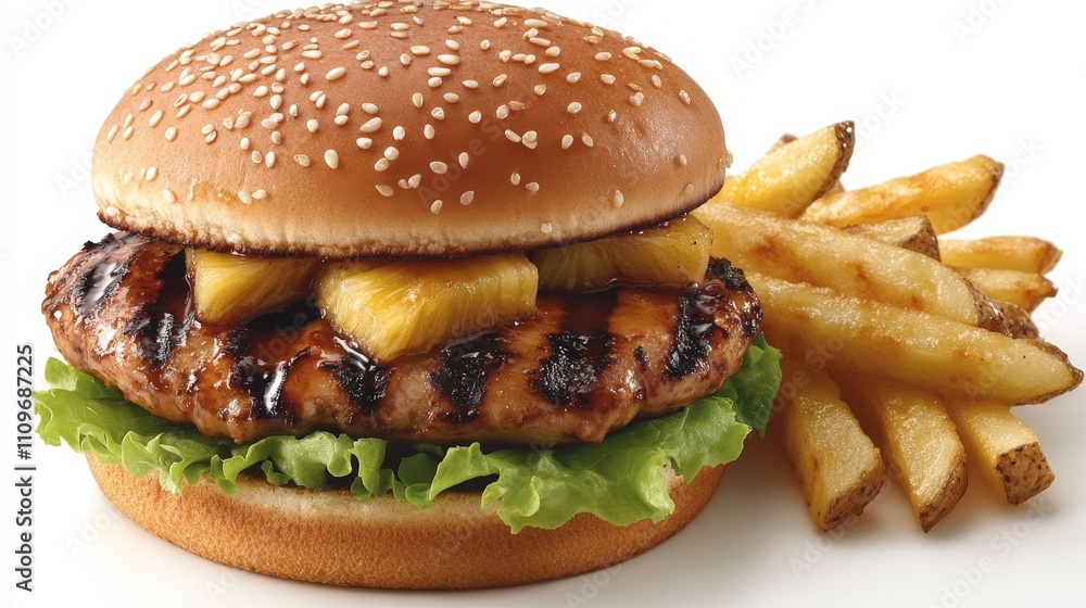 A grilled chicken burger with pineapple and lettuce, served with French fries. A grilled chicken burger with pineapple and lettuce, served with French fries.