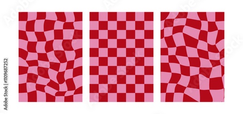 Set of abstract wavy checkered backgrounds. Vector distorted cage posters. Y2k design templates