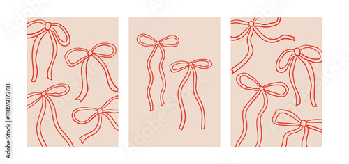 Set of posters with abstract quirky wavy bows. Vector outline hand drawn illustration of ribbons. Vintage coquette aesthetic. Holiday greeting cards template
