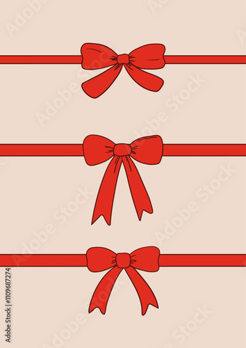 Holiday poster with red present bows. Vector illustration of ribbons. Set of hand drawn christmas bowknots