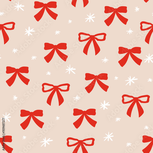 Seamless pattern with red bows and snowflakes. Christmas winter vector background