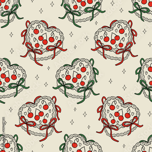 Vintage seamless pattern with outline heart shaped cakes with bows and cherries. Vector background in retro coquette aesthetic. Holiday christmas illustration