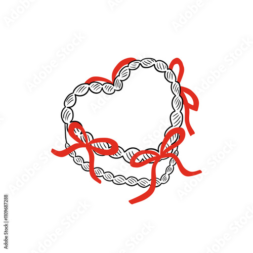 Vector illustration of heart shaped cake with red ribbons in retro sketch style. Holiday birthday, wedding, valentines day clipart in coquette aesthetic