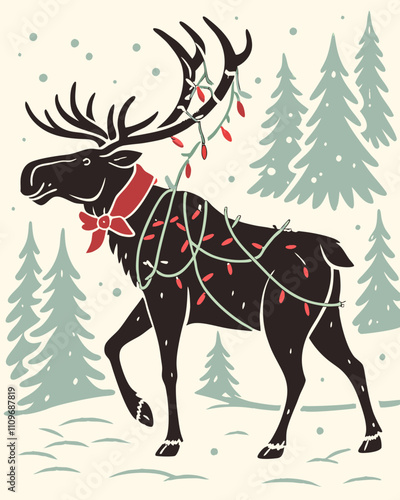 Retro Christmas Moose Silhouette: Festive winter scene with a charming moose adorned in Christmas lights, set against a snowy forest backdrop. Perfect for holiday cards and winter decorations.