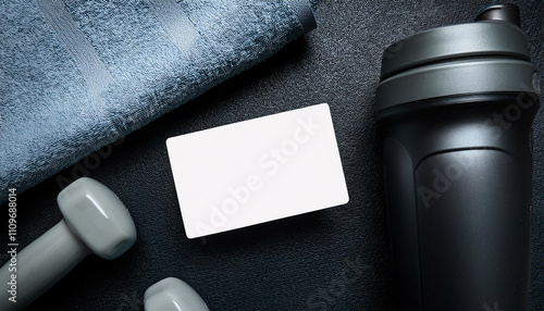 Business card mock up arranged on flat lay featuring gym towel, dumbbells, and a water bottle in a fitness setting photo