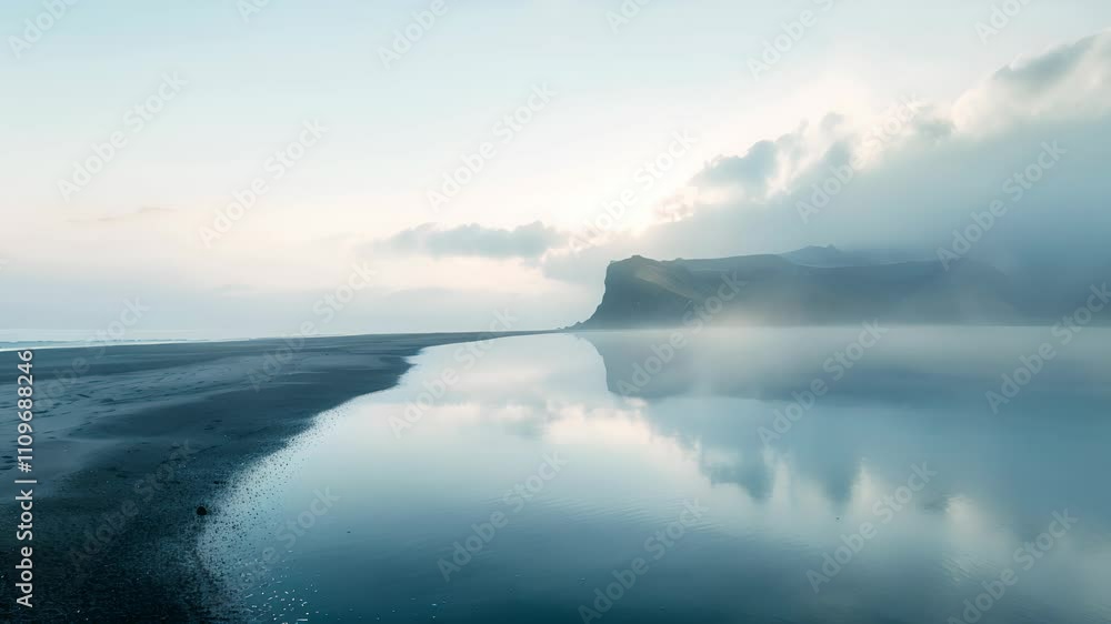 Misty Morning Landscape with Mountain Reflection in Water Misty Morning Landscape with Mountain Reflection in Water