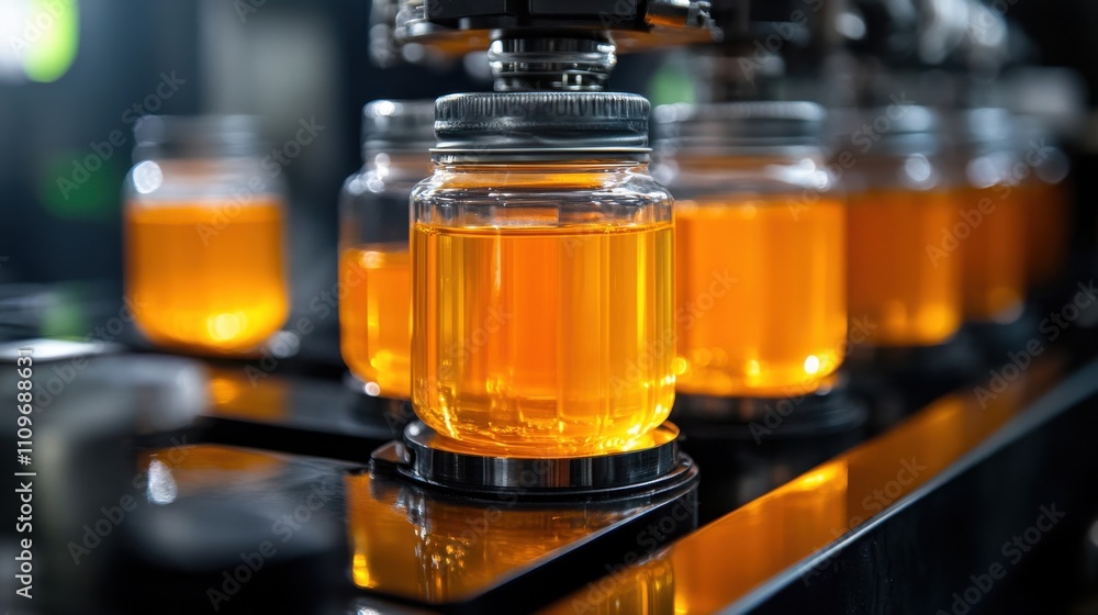 A row of glass jars filled with a yellow liquid