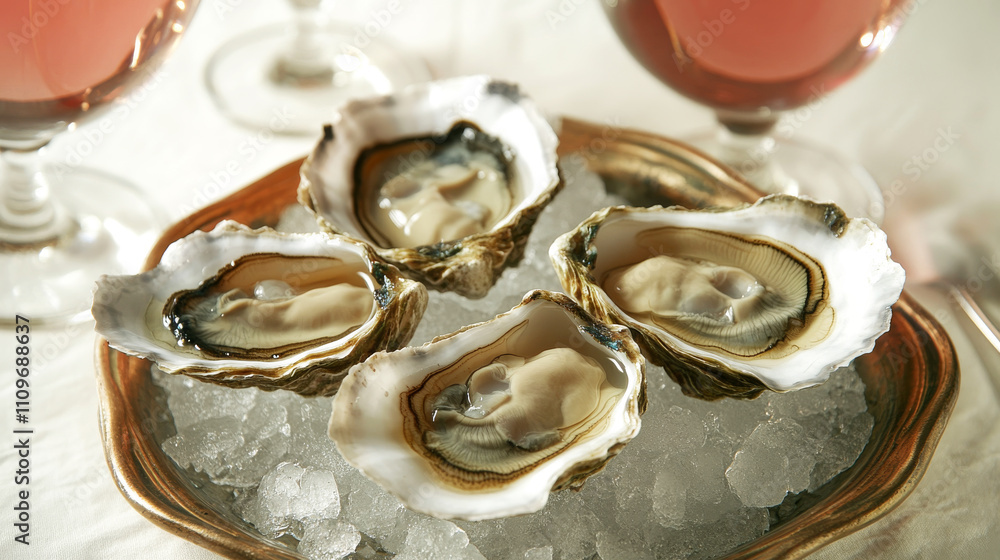 set of oysters on small ice on a beautiful tray, on the banquet table set of oysters on small ice on a beautiful tray, on the banquet table