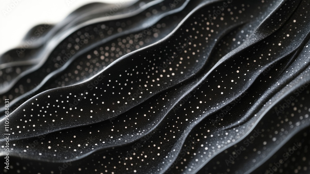 Close-up of an abstract black wave pattern with white dots, soft edges, evoking movement and texture in a minimalistic, hight detalisation Close-up of an abstract black wave pattern with white dots, soft edges, evoking movement and texture in a minimalistic, hight detalisation