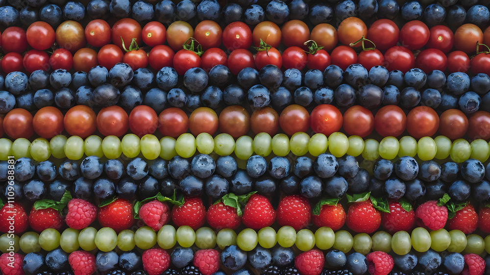A layered pattern of stacked grapes, cherry tomatoes, and berries. A layered pattern of stacked grapes, cherry tomatoes, and berries.