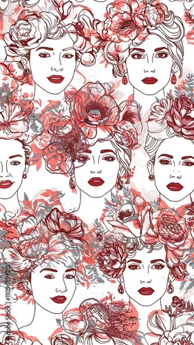 Seamless pattern line drawing of women with different faces and floral flowers.