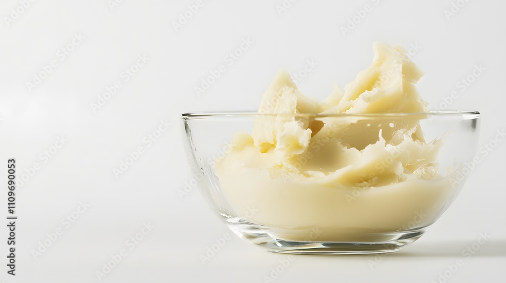 Realistic display of shea butter being melted into a liquid state in a small glass dish on a white background, showcasing its transformation and smooth texture Realistic display of shea butter being melted into a liquid state in a small glass dish on a white background, showcasing its transformation and smooth texture