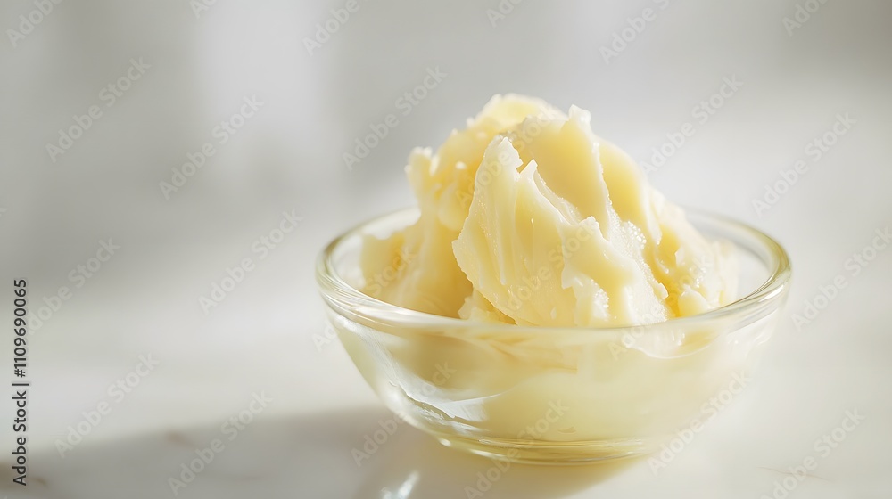 Realistic display of shea butter being melted into a liquid state in a small glass dish on a white background, showcasing its transformation and smooth texture Realistic display of shea butter being melted into a liquid state in a small glass dish on a white background, showcasing its transformation and smooth texture