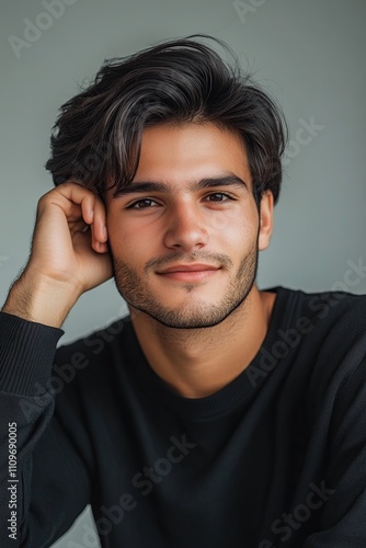 Portrait of handsome woman with model face and black hair