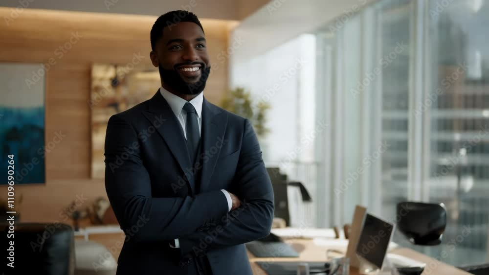 A well-dressed Black man stands confidently in a sleek office with a panoramic city view A well-dressed Black man stands confidently in a sleek office with a panoramic city view