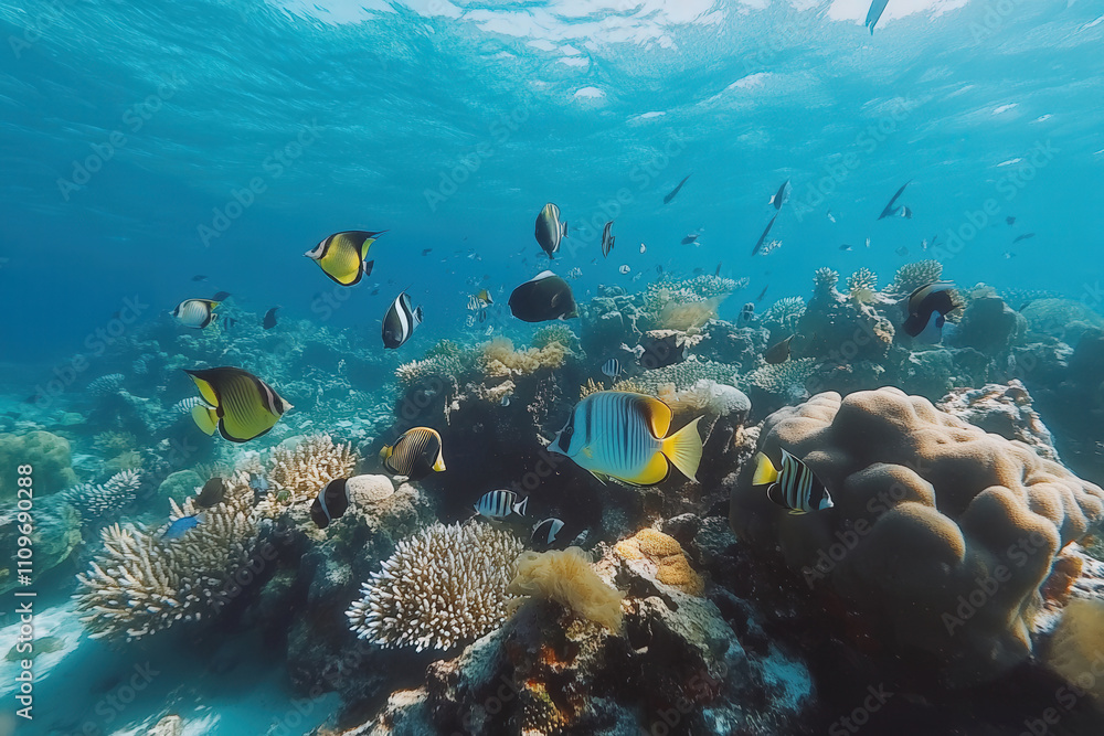 Obraz premium Vibrant Coral Reef Scene with Exotic Fish in Clear Tropical Waters