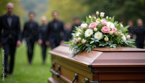 Casket adorned with flowers at a cemetery, where families come together to share a moment of grief and remembrance in a tranquil outdoor environment.