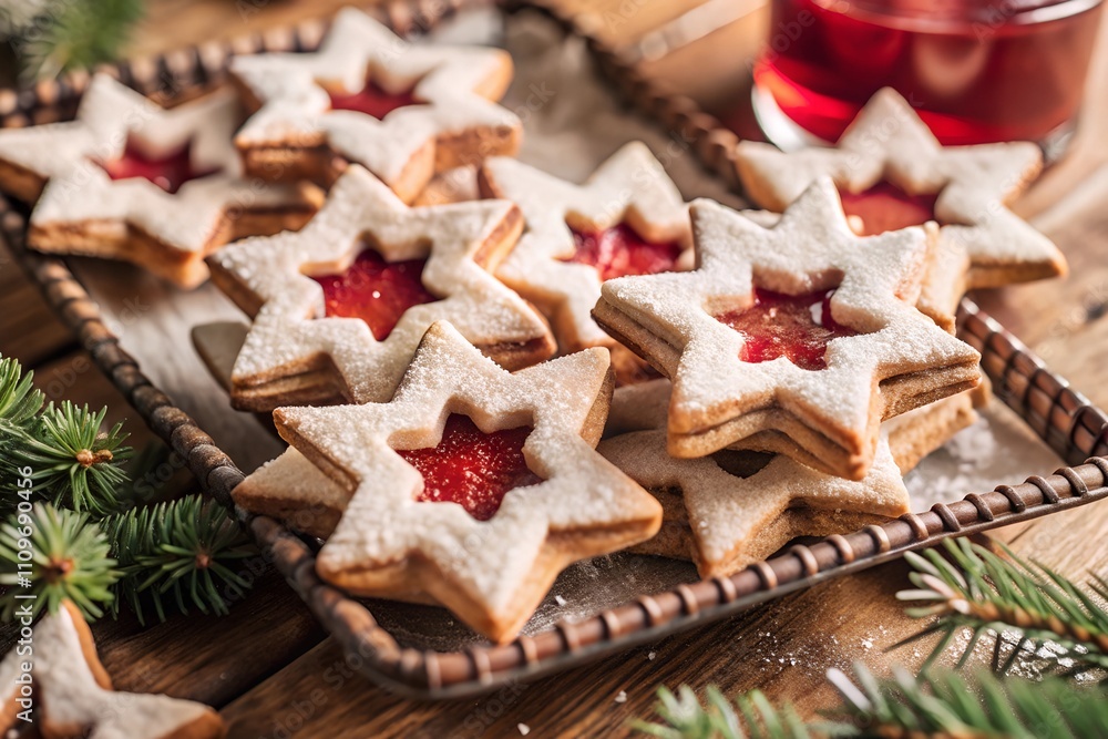 A basket of star-shaped Linzer cookies with red jam centers and powdered sugar, placed on a wooden table. Sprigs of evergreen branches create a festive rustic ambiance. A basket of star-shaped Linzer cookies with red jam centers and powdered sugar, placed on a wooden table. Sprigs of evergreen branches create a festive rustic ambiance.
