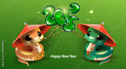 Two cute snakes with balloons " 2025" . Template design greeting card, banner, happy new year