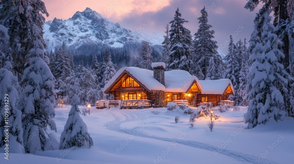 Cozy Cabin Nestled in a Snow-Covered Mountain Forest at Dusk Cozy Cabin Nestled in a Snow-Covered Mountain Forest at Dusk