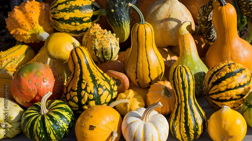 A collection of uniquely shaped gourds and pumpkins. photo