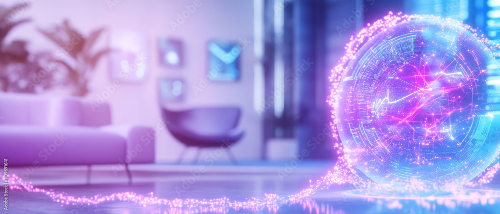 glowing digital sphere in modern room with futuristic decor. glowing digital sphere in modern room with futuristic decor.