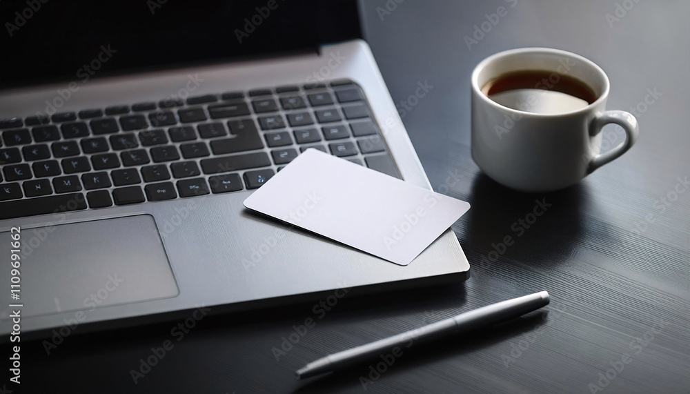 Sleek minimalist desk setup featuring a business card mock-up, laptop, coffee cup, and notepad Sleek minimalist desk setup featuring a business card mock-up, laptop, coffee cup, and notepad