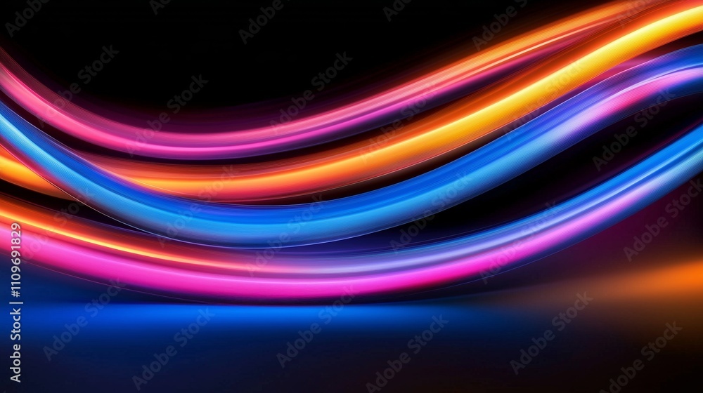 Neon blue illumination, curving lines, and rapid data streams. Neon blue illumination, curving lines, and rapid data streams.