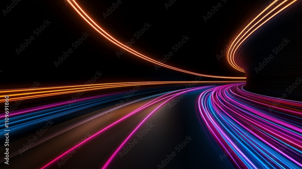 A colorful highway with neon lights. The lights are in different colors and are moving in a spiral. A colorful highway with neon lights. The lights are in different colors and are moving in a spiral.