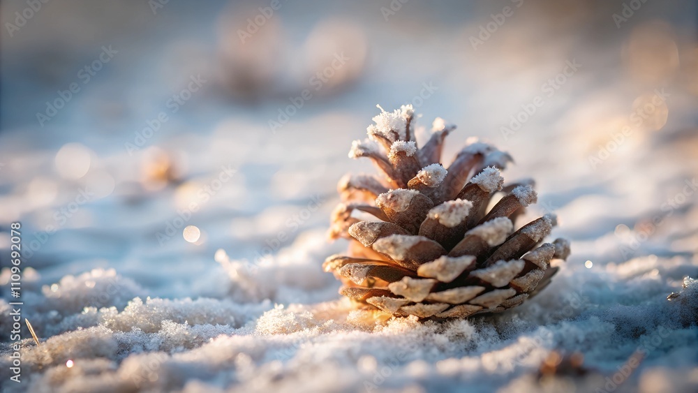 Frost-covered pine cone resting on snow with sparkling background, natural beauty Frost-covered pine cone resting on snow with sparkling background, natural beauty