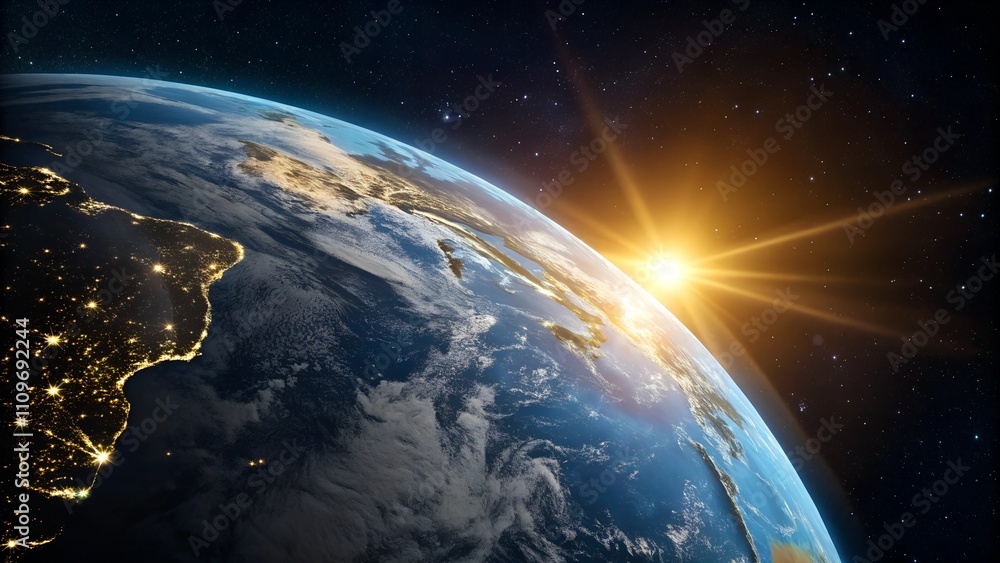 Fototapeta premium Earth from space at sunrise with illuminated cities and stars, cosmic beauty