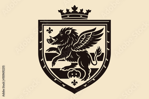 Heraldic wild boar with wings. Coat of arms. Black vector vintage illustration. Icon, logo, emblem, tattoo, print