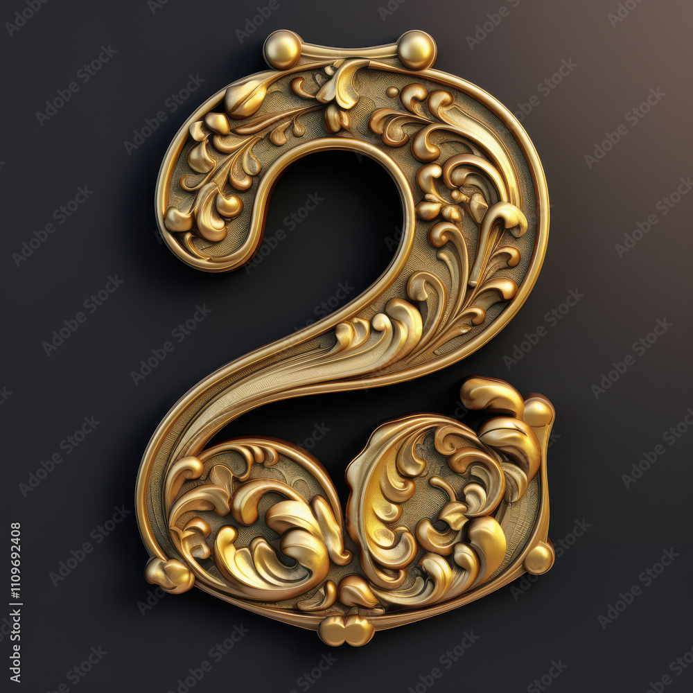 Golden number two in 3d metal adorned with a beautiful ornate filigree and flowers pattern on a dark background Golden number two in 3d metal adorned with a beautiful ornate filigree and flowers pattern on a dark background