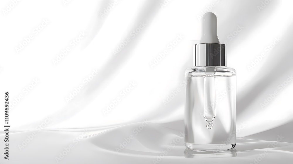 Realistic display of hyaluronic acid serum in a glass bottle with a dropper on a white background Realistic display of hyaluronic acid serum in a glass bottle with a dropper on a white background