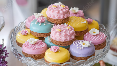 Visualize a platter of colorful petit fours: bite-sized cakes decorated with intricate icing patterns, tiny flowers, and glossy glazes in pastel shades. photo