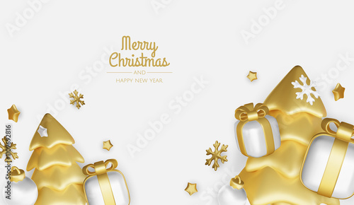 Happy New Year and Merry Christmas. Christmas holiday background with realistic 3d objects,gold and red bauble balls, conical metal stars. Levitation falling design composition.