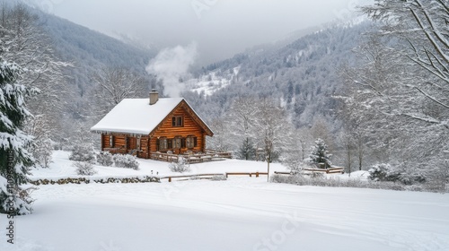 A Cozy Wooden Cabin Nestled in a Snow-Covered Mountain Valley