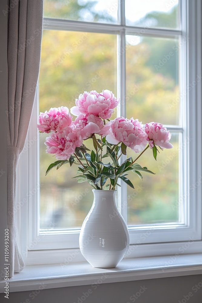 Delicate Pink Peonies in a White Vase Illuminated by Soft Natural Light Near a Window with a Scenic Outdoor Background Delicate Pink Peonies in a White Vase Illuminated by Soft Natural Light Near a Window with a Scenic Outdoor Background